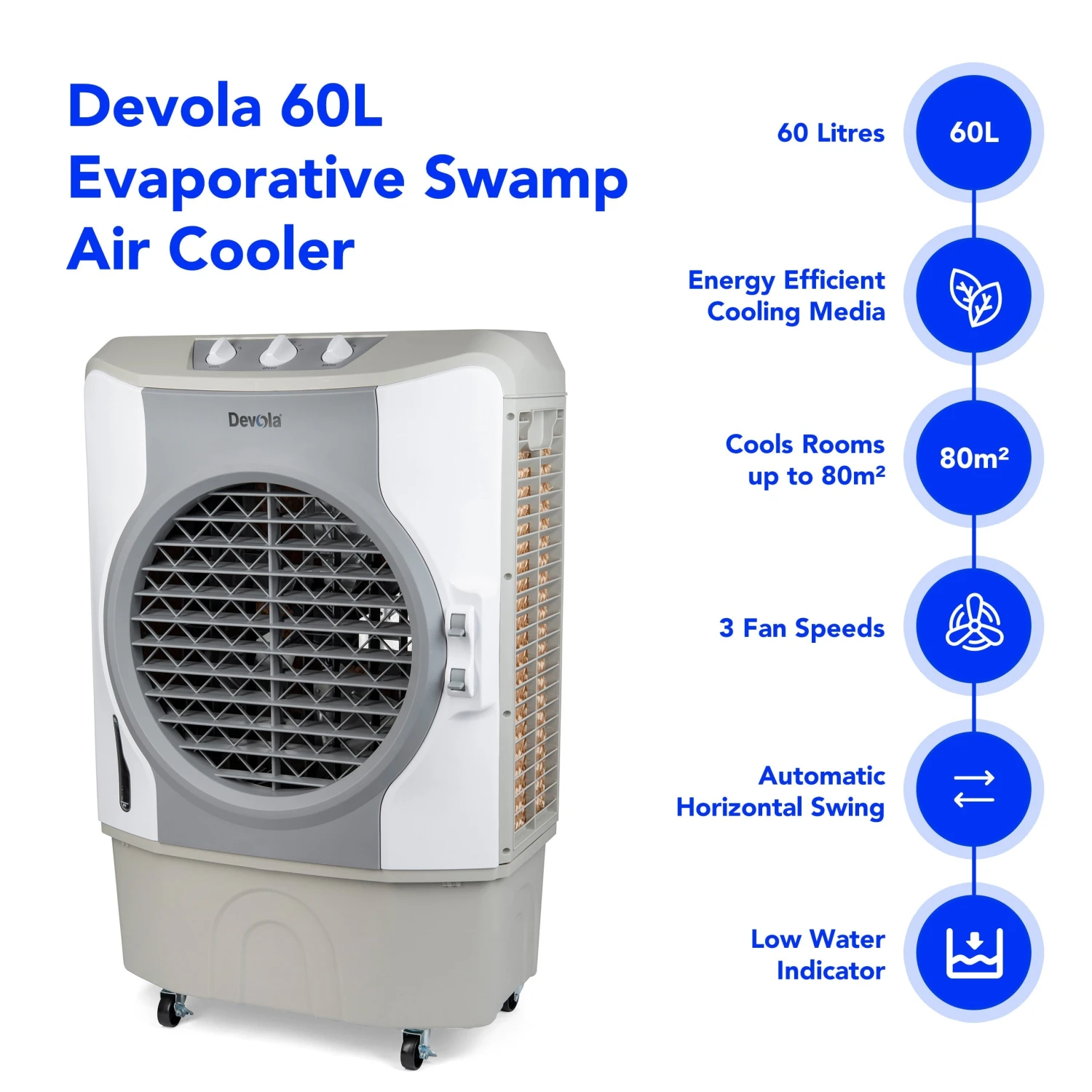 Devola 60L Evaporative Swamp Air Cooler 80m² White/Grey - DVCO60P - Return Unit 2 Devola 60L Evaporative Swamp Air Cooler 80m² White/Grey - DVCO60P - Return Unit - Image 2