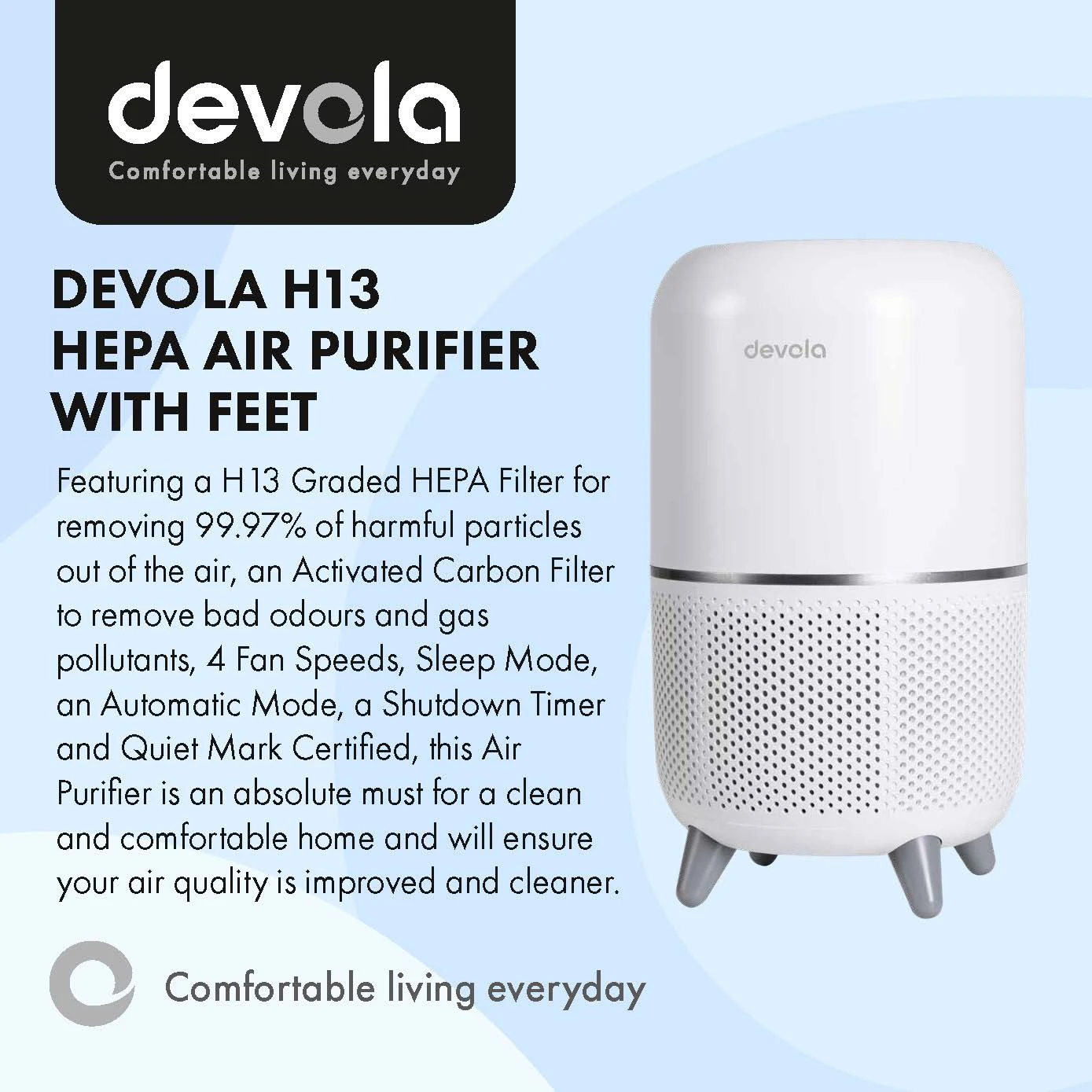 Devola Air Purifier With HEPA And Activated Carbon Filter With Feet - DV150APQMFT 2 Devola Air Purifier With HEPA And Activated Carbon Filter With Feet - DV150APQMFT - Image 2